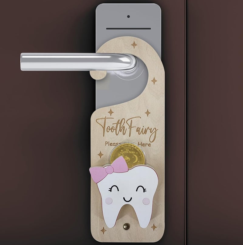 PAMBO Tooth Fairy Door Hanger, Wooden Tooth Fairy Money Holder with Tooth Coins for Lost Tooth Kids Gifts (Pink) - Image 3